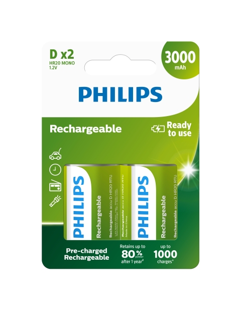 Baterie Philips R20B2A300/10 nabíjecí D 3000mAh 2ks